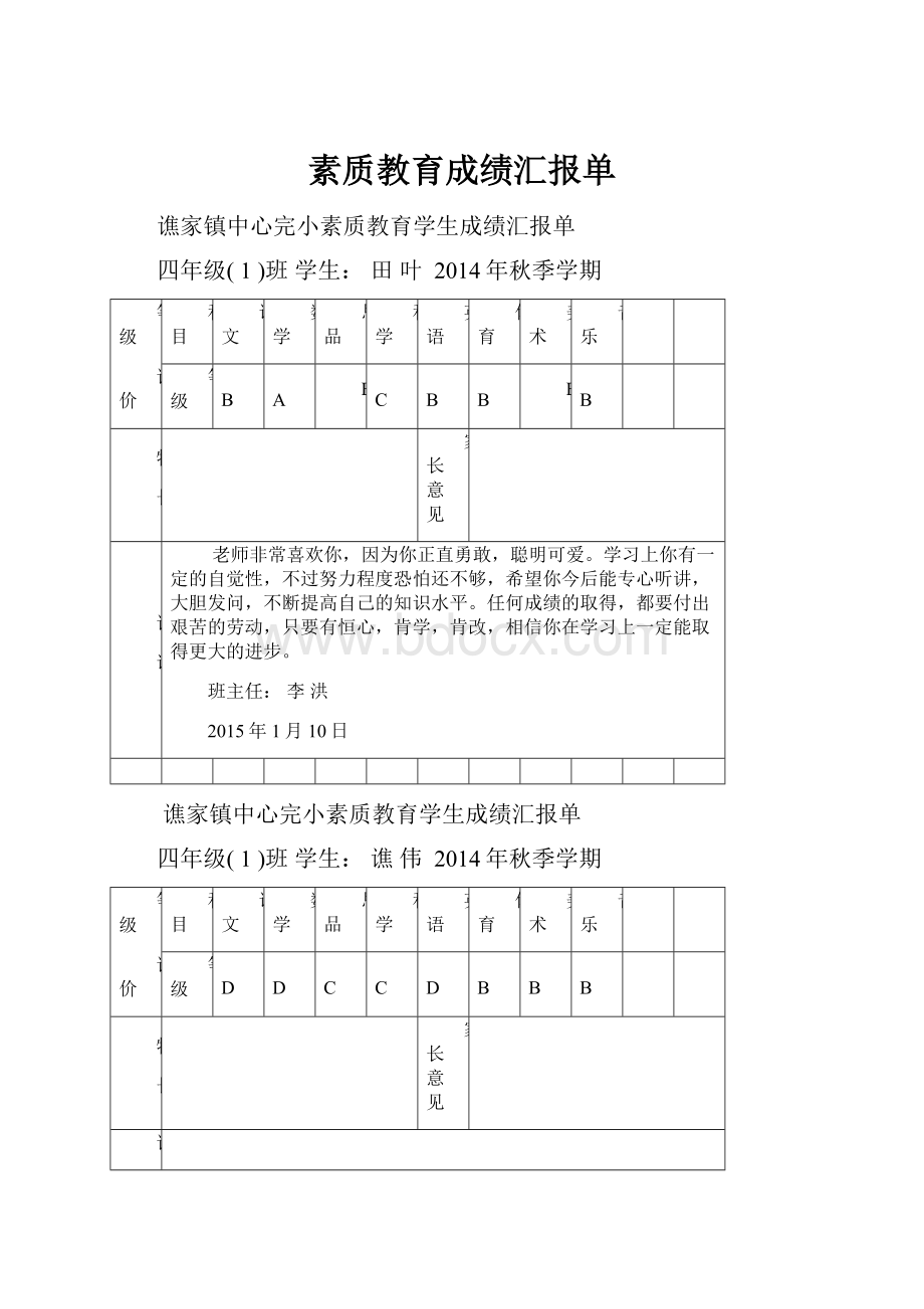 素质教育成绩汇报单.docx