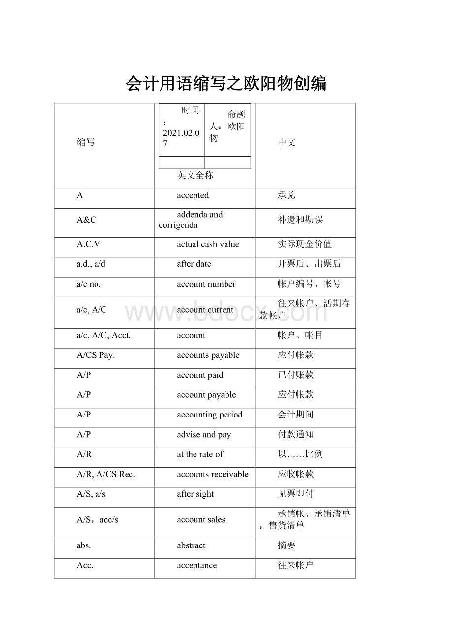 会计用语缩写之欧阳物创编.docx