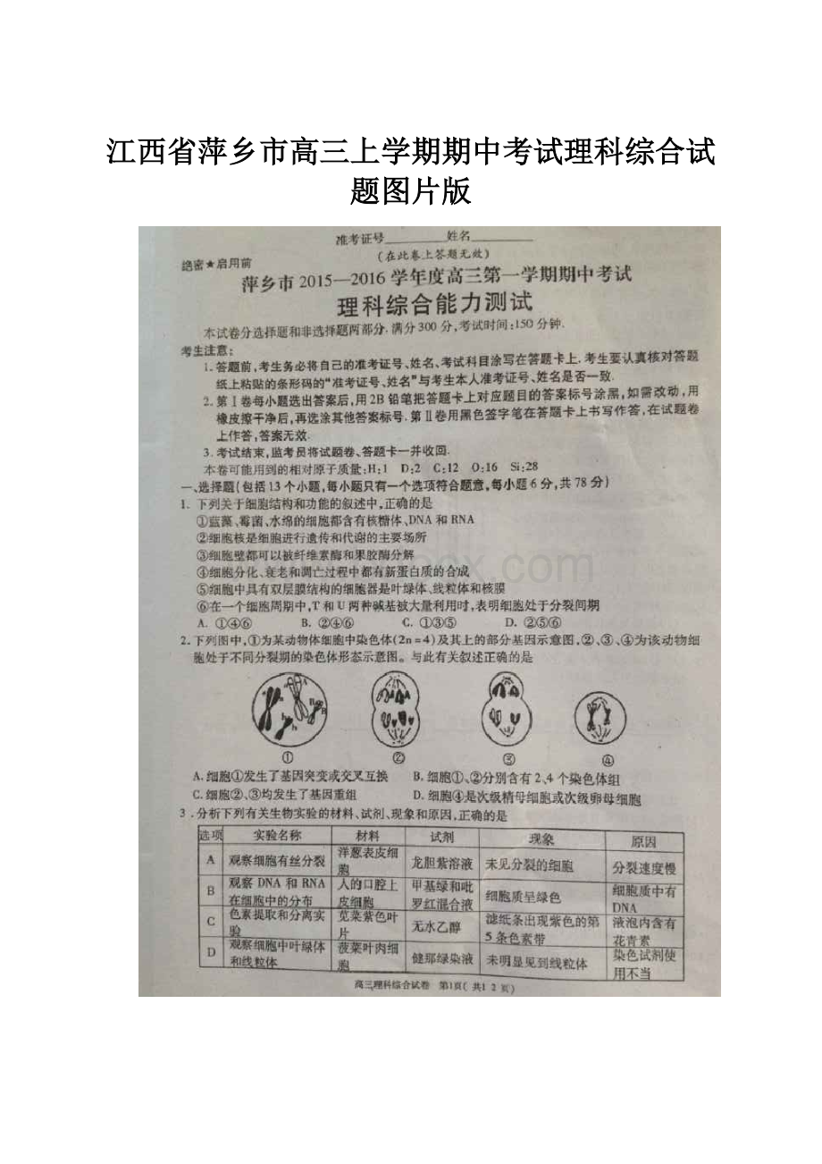 江西省萍乡市高三上学期期中考试理科综合试题图片版.docx