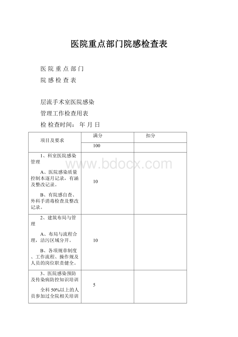 医院重点部门院感检查表.docx_第1页