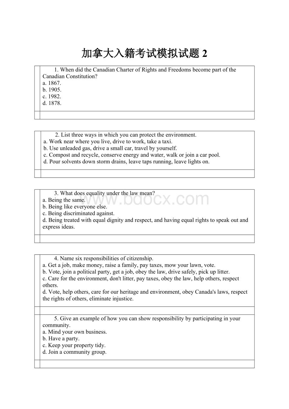 加拿大入籍考试模拟试题2.docx