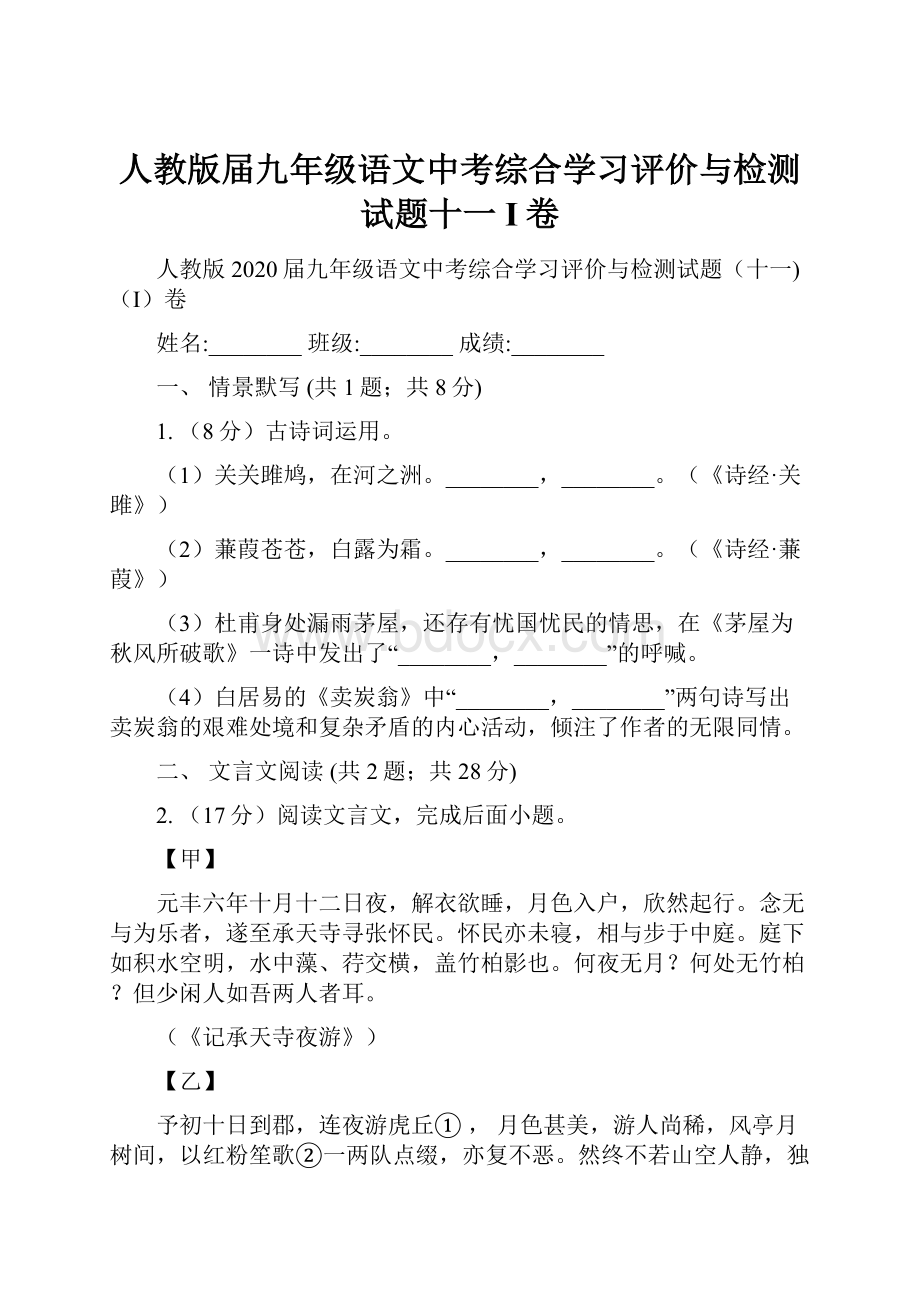 人教版届九年级语文中考综合学习评价与检测试题十一I卷.docx