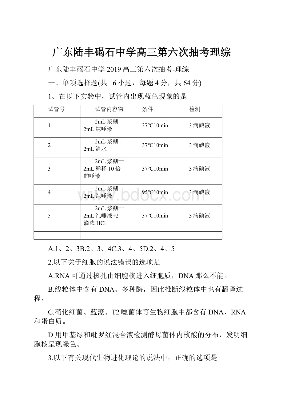 广东陆丰碣石中学高三第六次抽考理综.docx