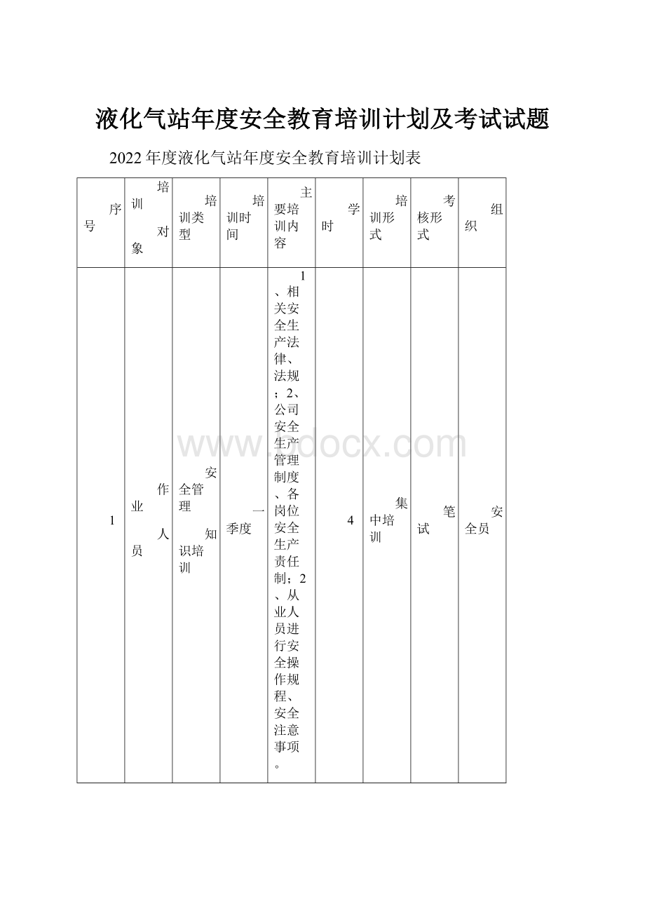 液化气站年度安全教育培训计划及考试试题.docx