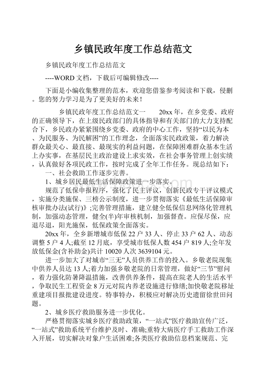 乡镇民政年度工作总结范文.docx_第1页