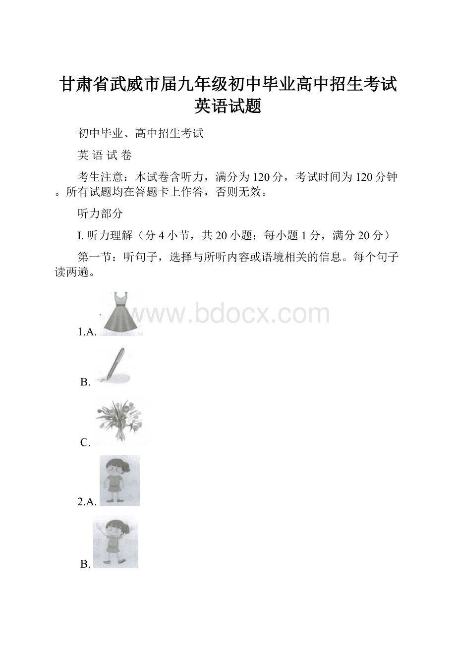 甘肃省武威市届九年级初中毕业高中招生考试英语试题.docx