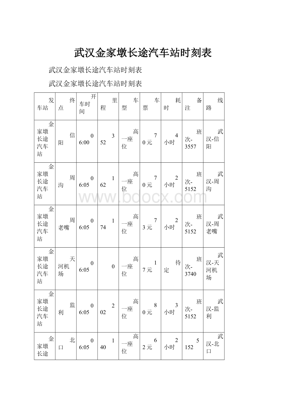 武汉金家墩长途汽车站时刻表.docx