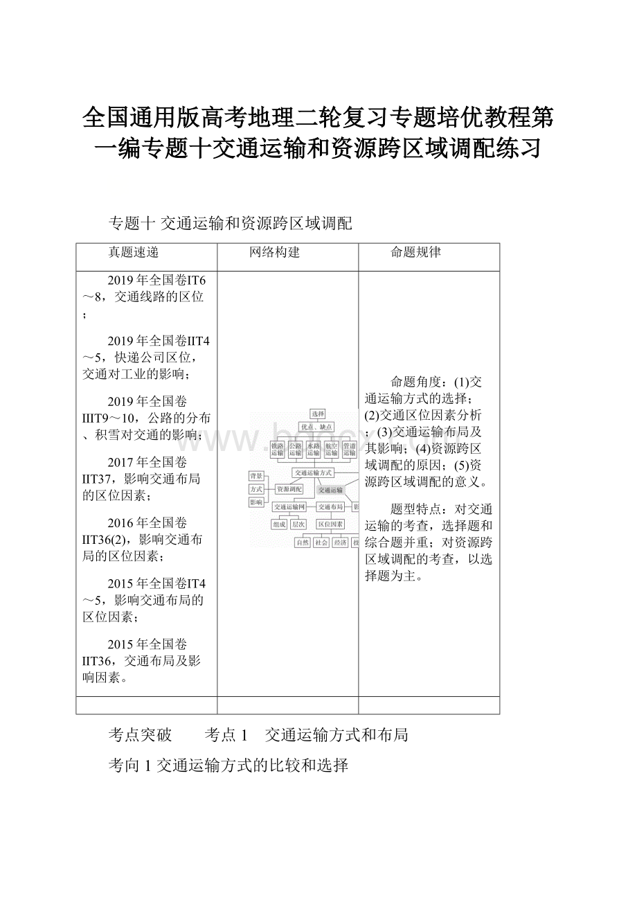 全国通用版高考地理二轮复习专题培优教程第一编专题十交通运输和资源跨区域调配练习.docx_第1页