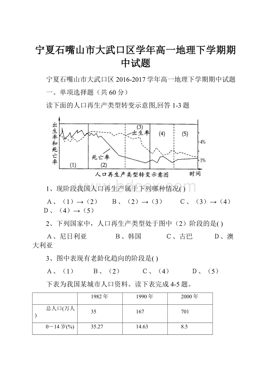 宁夏石嘴山市大武口区学年高一地理下学期期中试题.docx