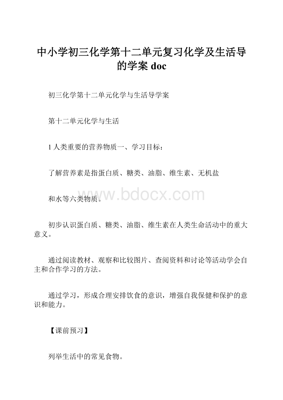 中小学初三化学第十二单元复习化学及生活导的学案doc.docx