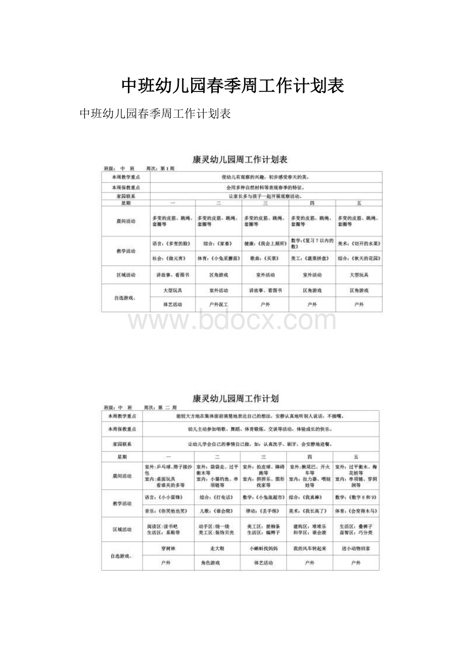 中班幼儿园春季周工作计划表.docx