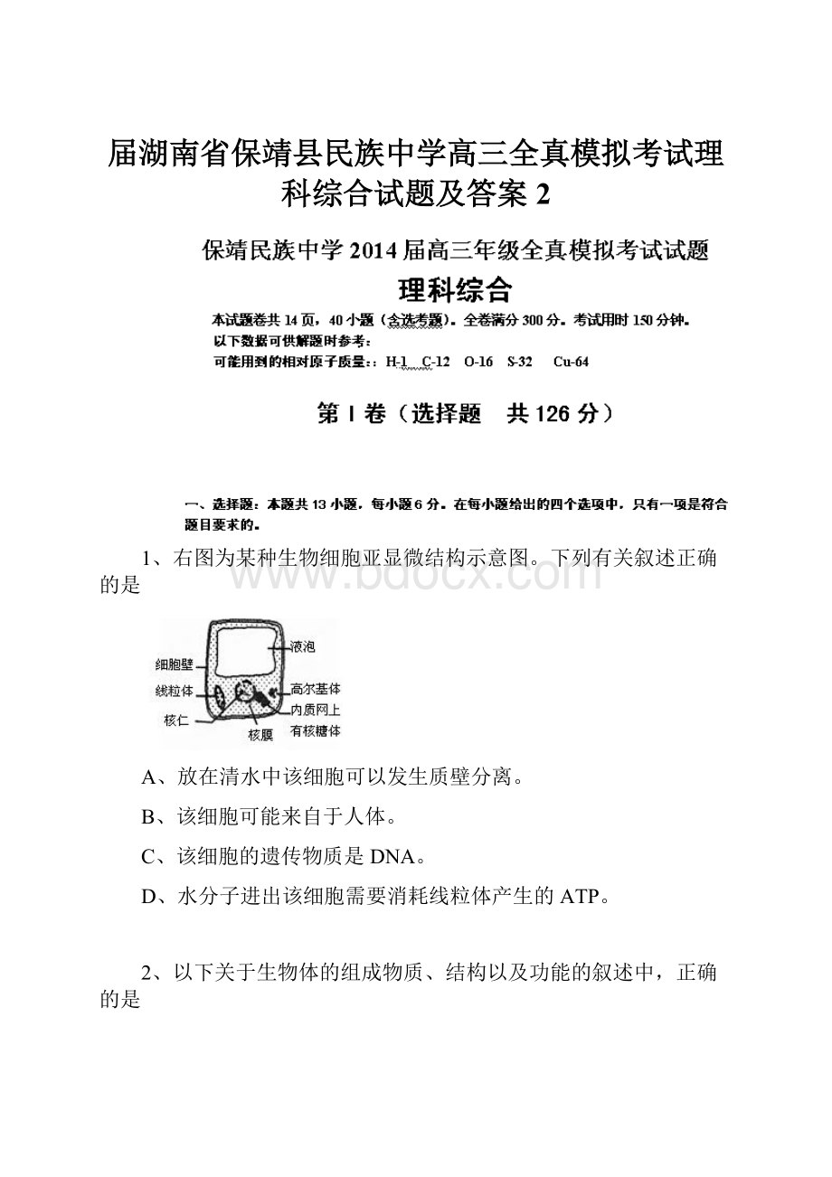 届湖南省保靖县民族中学高三全真模拟考试理科综合试题及答案 2.docx