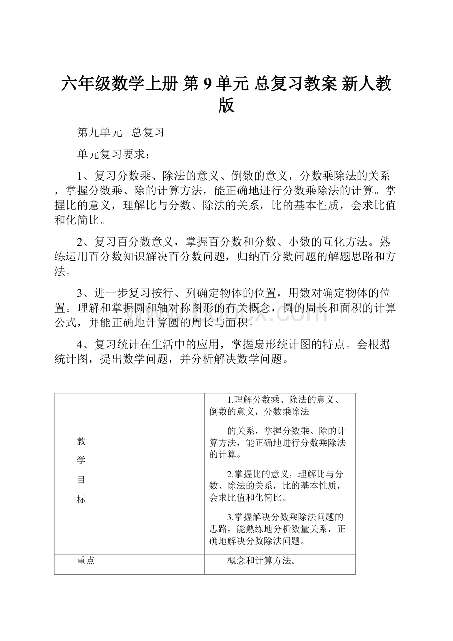 六年级数学上册 第9单元 总复习教案 新人教版.docx