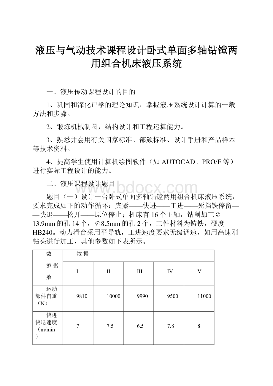 液压与气动技术课程设计卧式单面多轴钻镗两用组合机床液压系统.docx_第1页