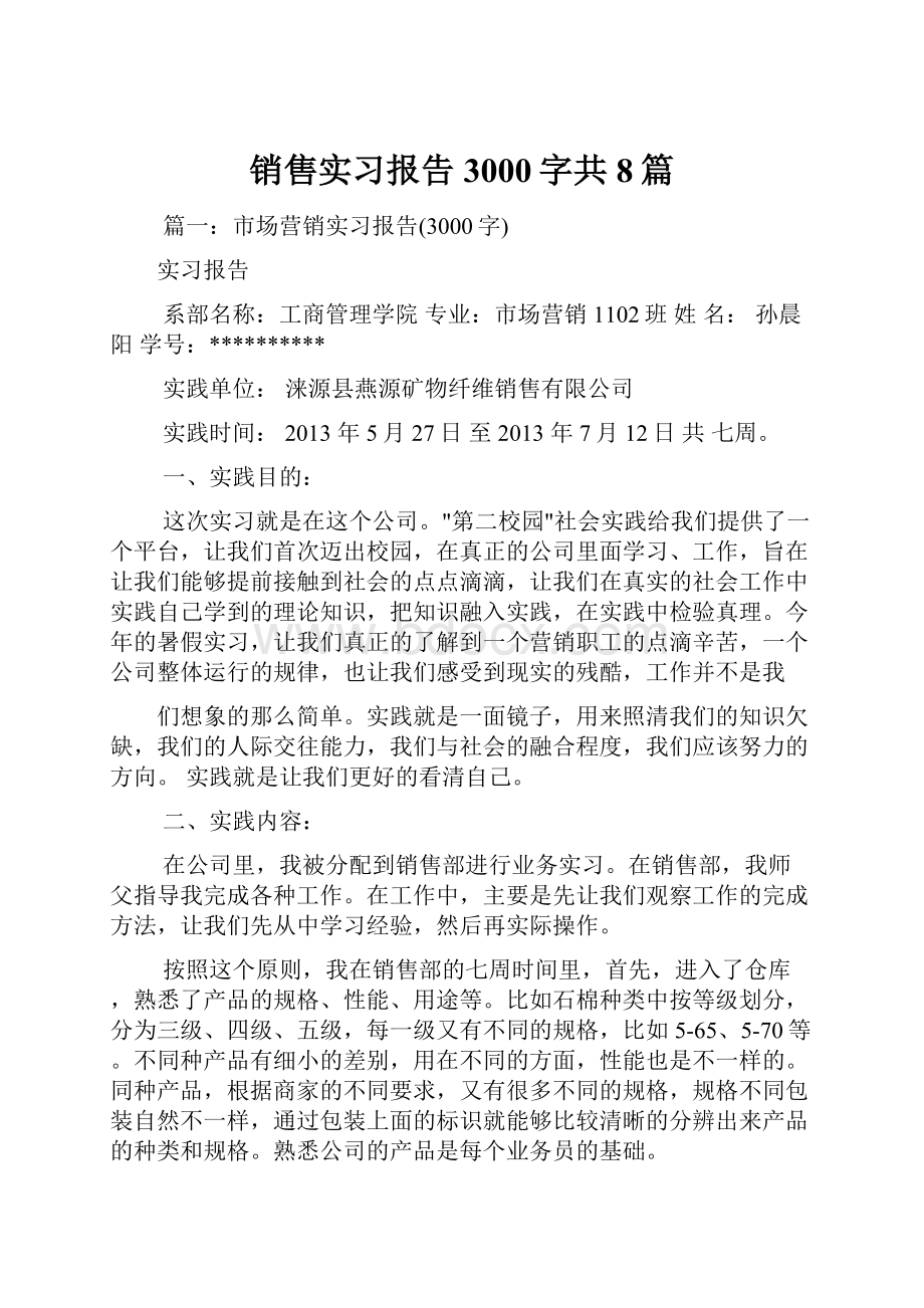 销售实习报告3000字共8篇.docx