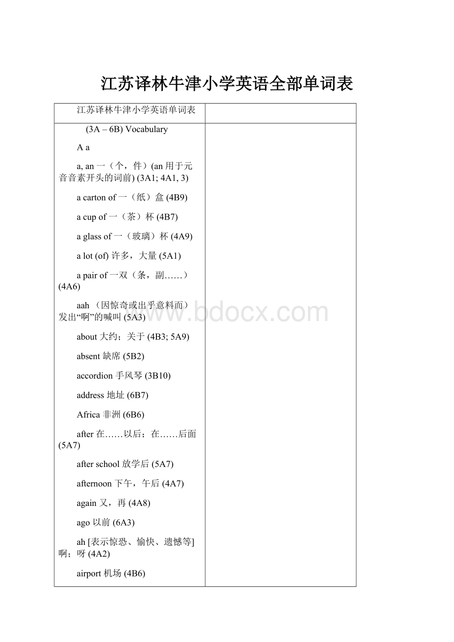 江苏译林牛津小学英语全部单词表.docx