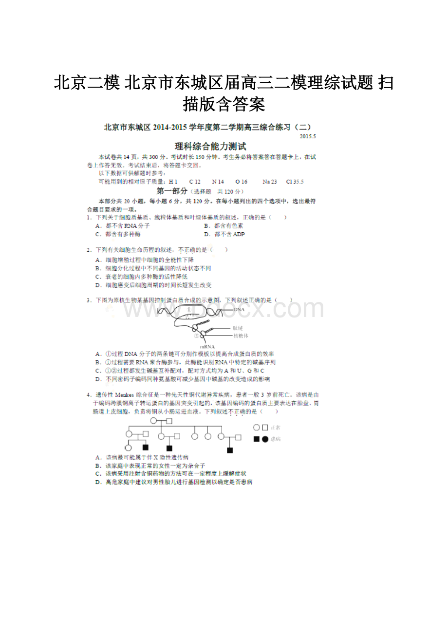 北京二模 北京市东城区届高三二模理综试题 扫描版含答案.docx_第1页