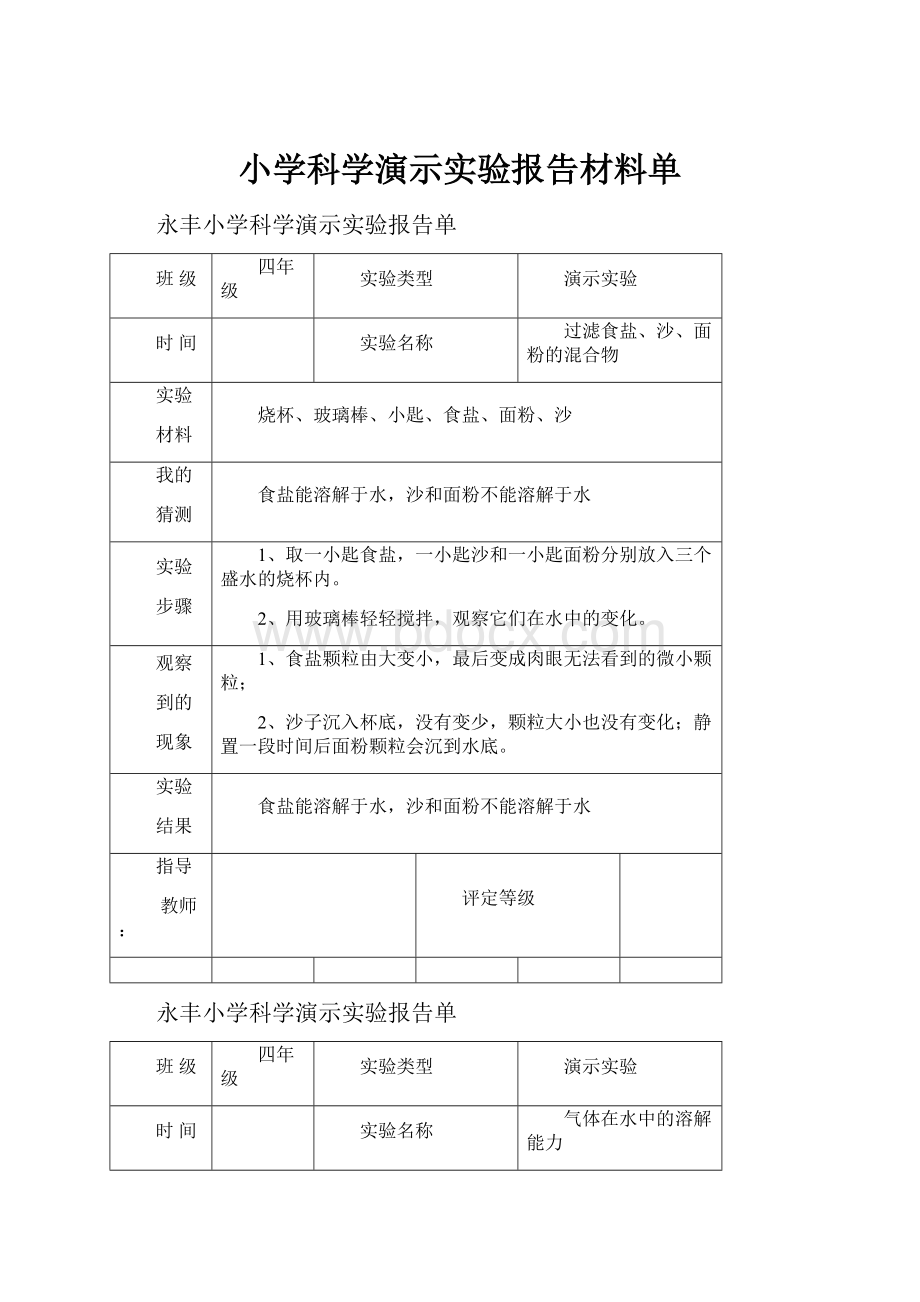 小学科学演示实验报告材料单.docx