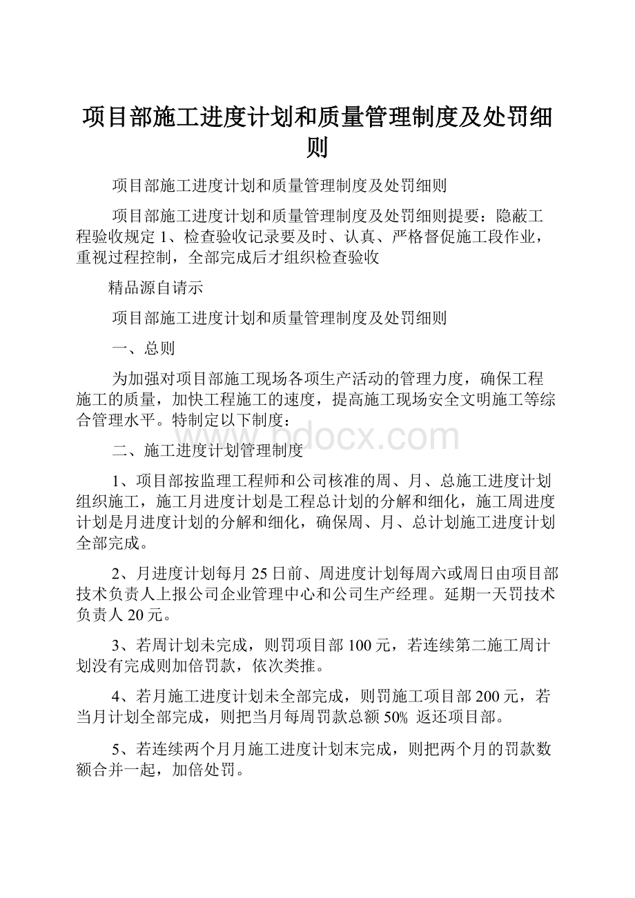 项目部施工进度计划和质量管理制度及处罚细则.docx