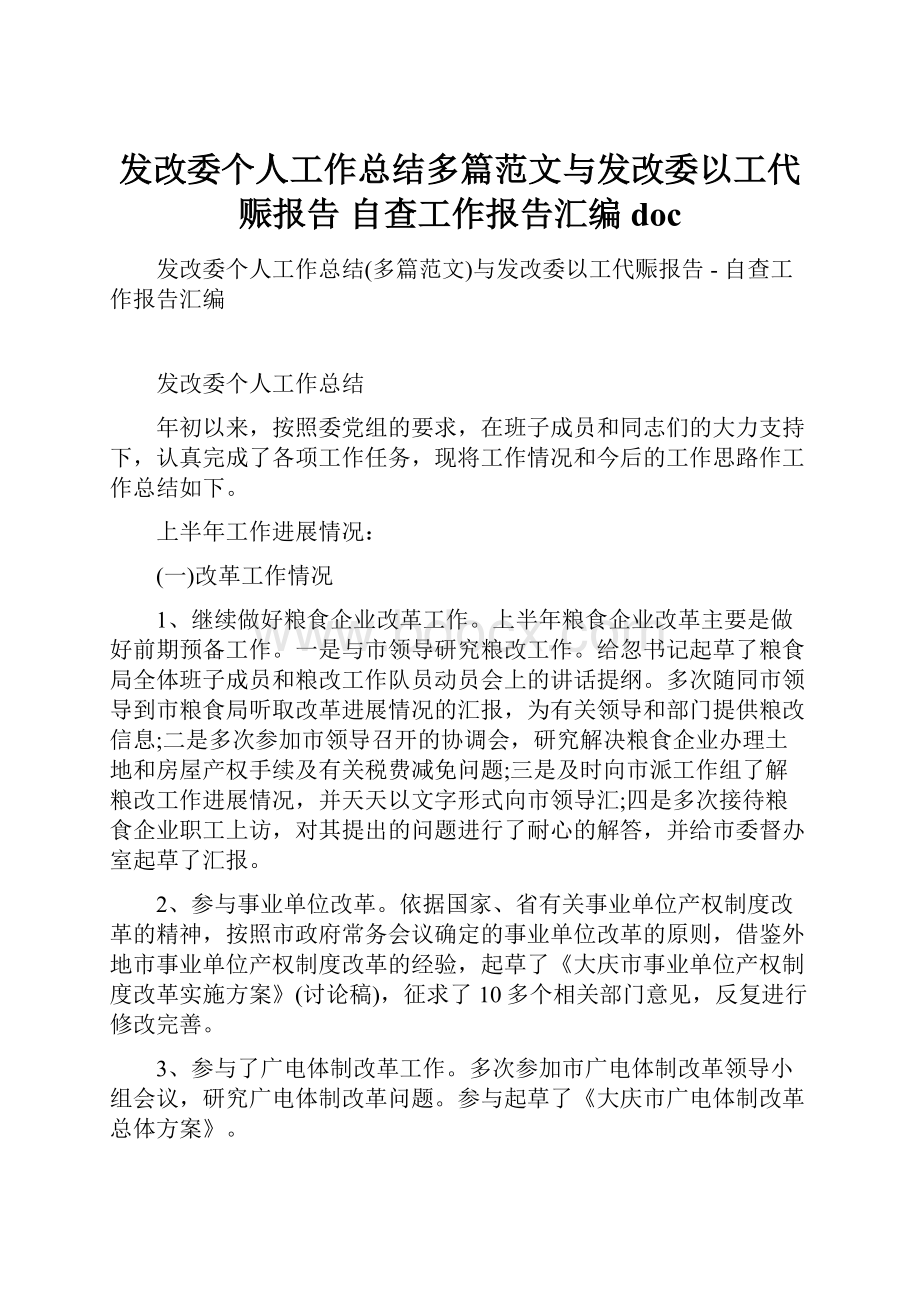 发改委个人工作总结多篇范文与发改委以工代赈报告自查工作报告汇编doc.docx