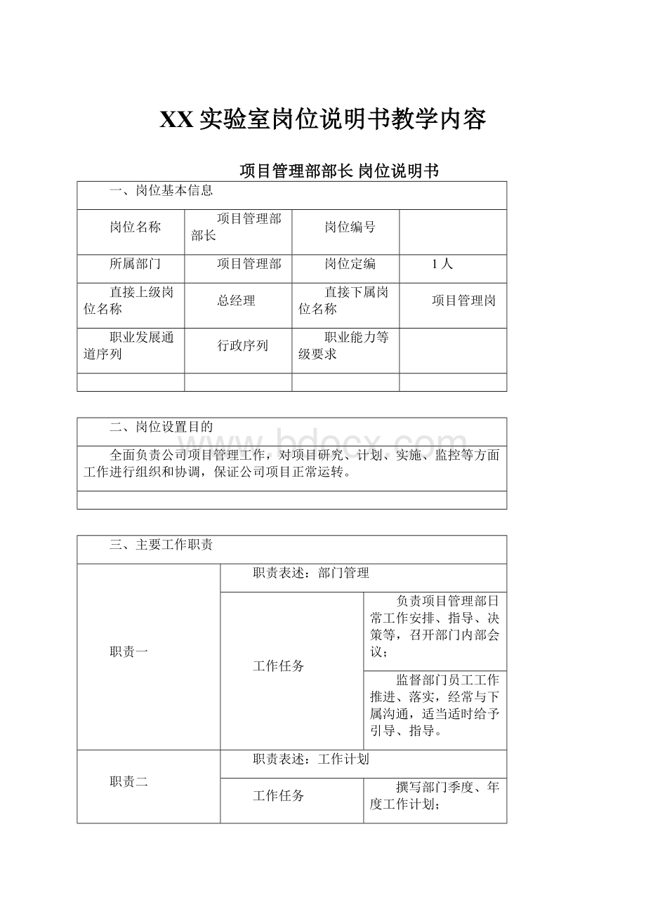 XX实验室岗位说明书教学内容.docx