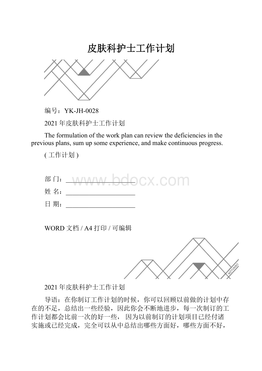 皮肤科护士工作计划.docx_第1页