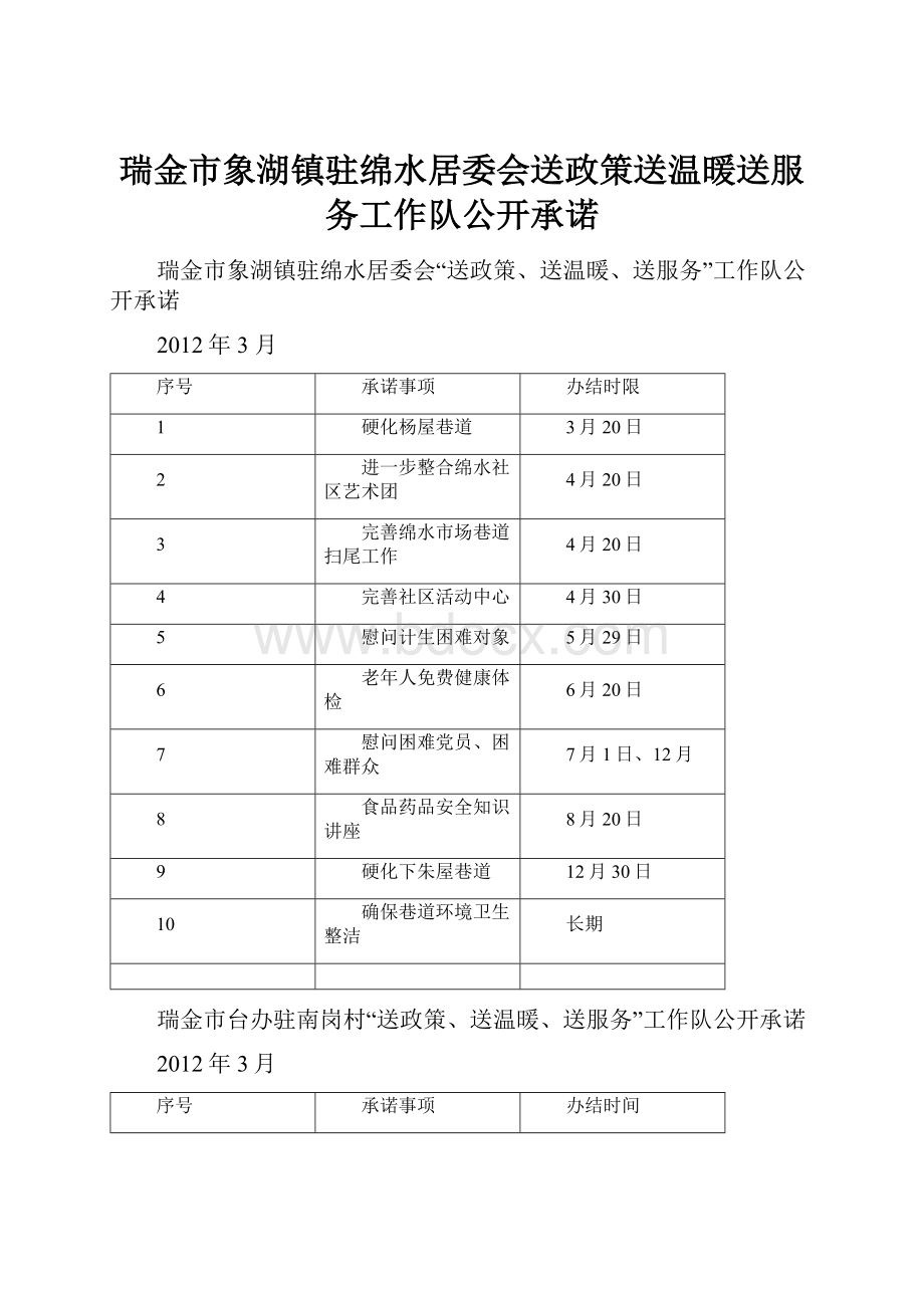 瑞金市象湖镇驻绵水居委会送政策送温暖送服务工作队公开承诺.docx