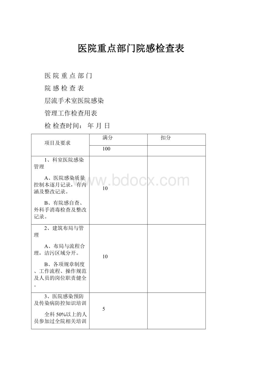 医院重点部门院感检查表.docx_第1页