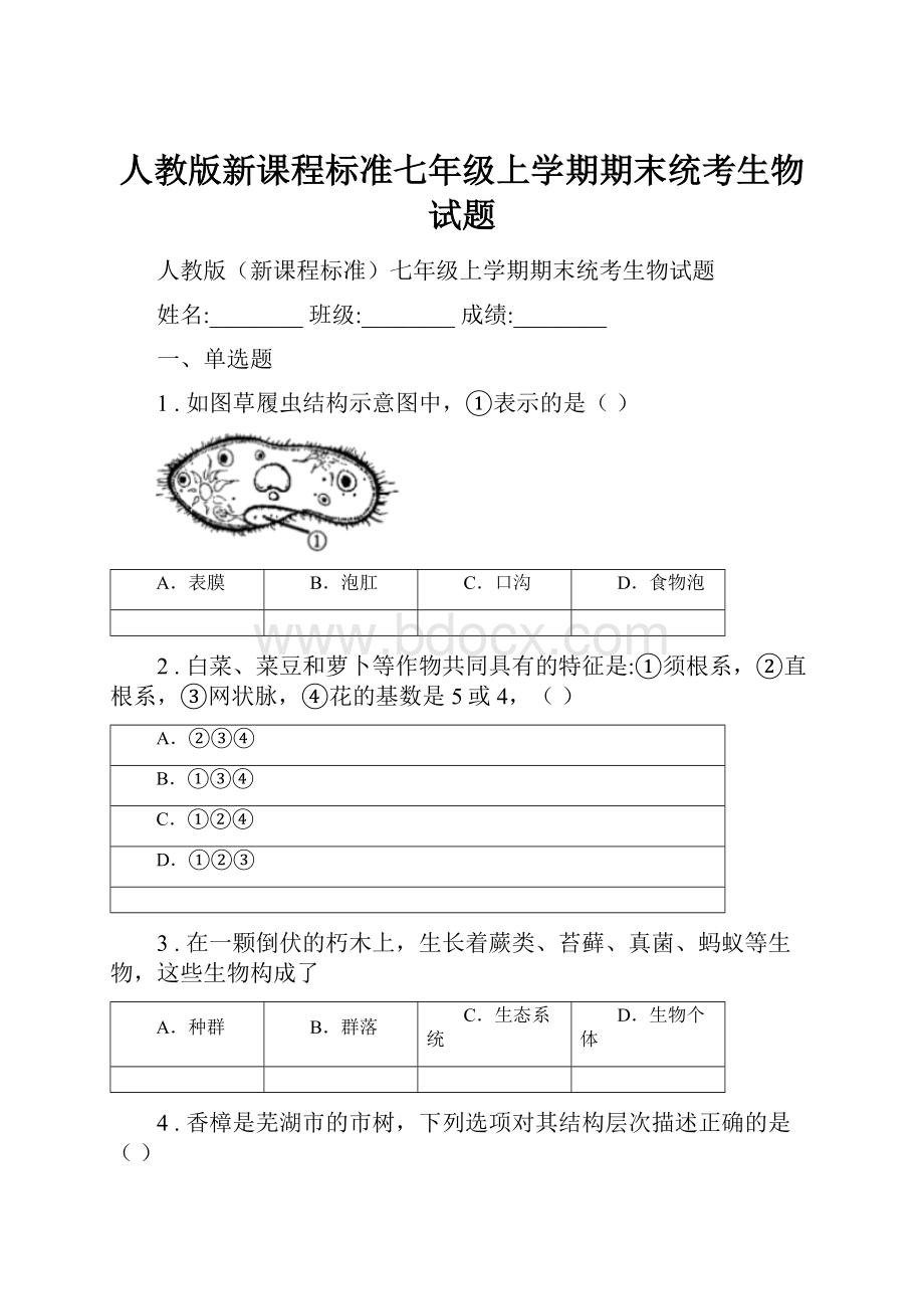 人教版新课程标准七年级上学期期末统考生物试题.docx_第1页