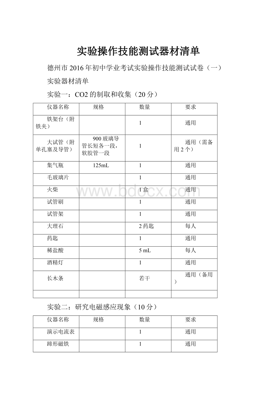 实验操作技能测试器材清单.docx_第1页