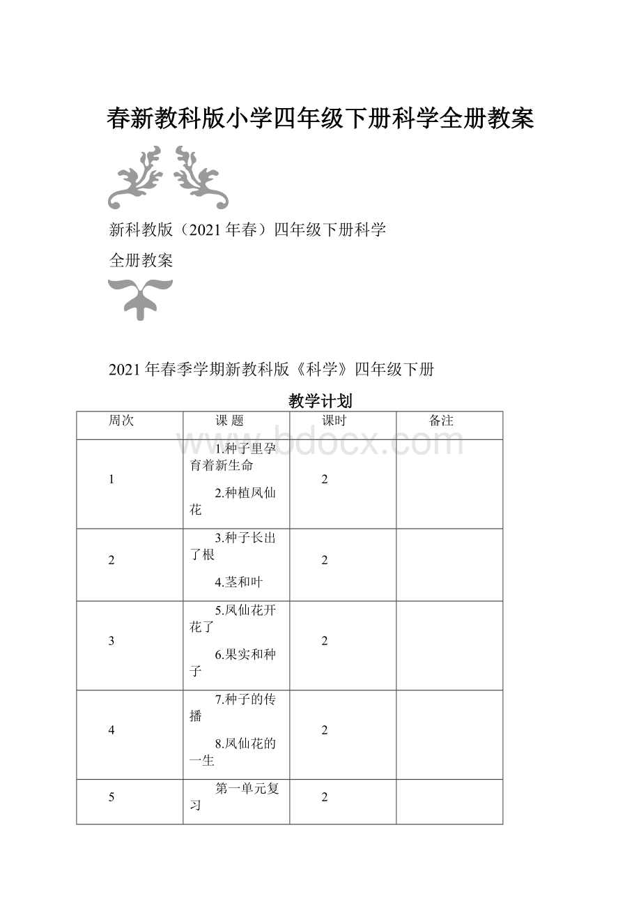 春新教科版小学四年级下册科学全册教案.docx