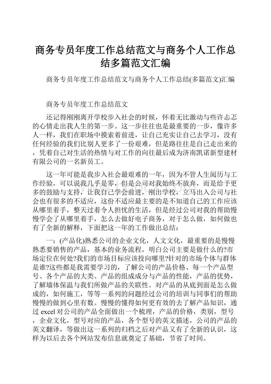 商务专员年度工作总结范文与商务个人工作总结多篇范文汇编.docx_第1页