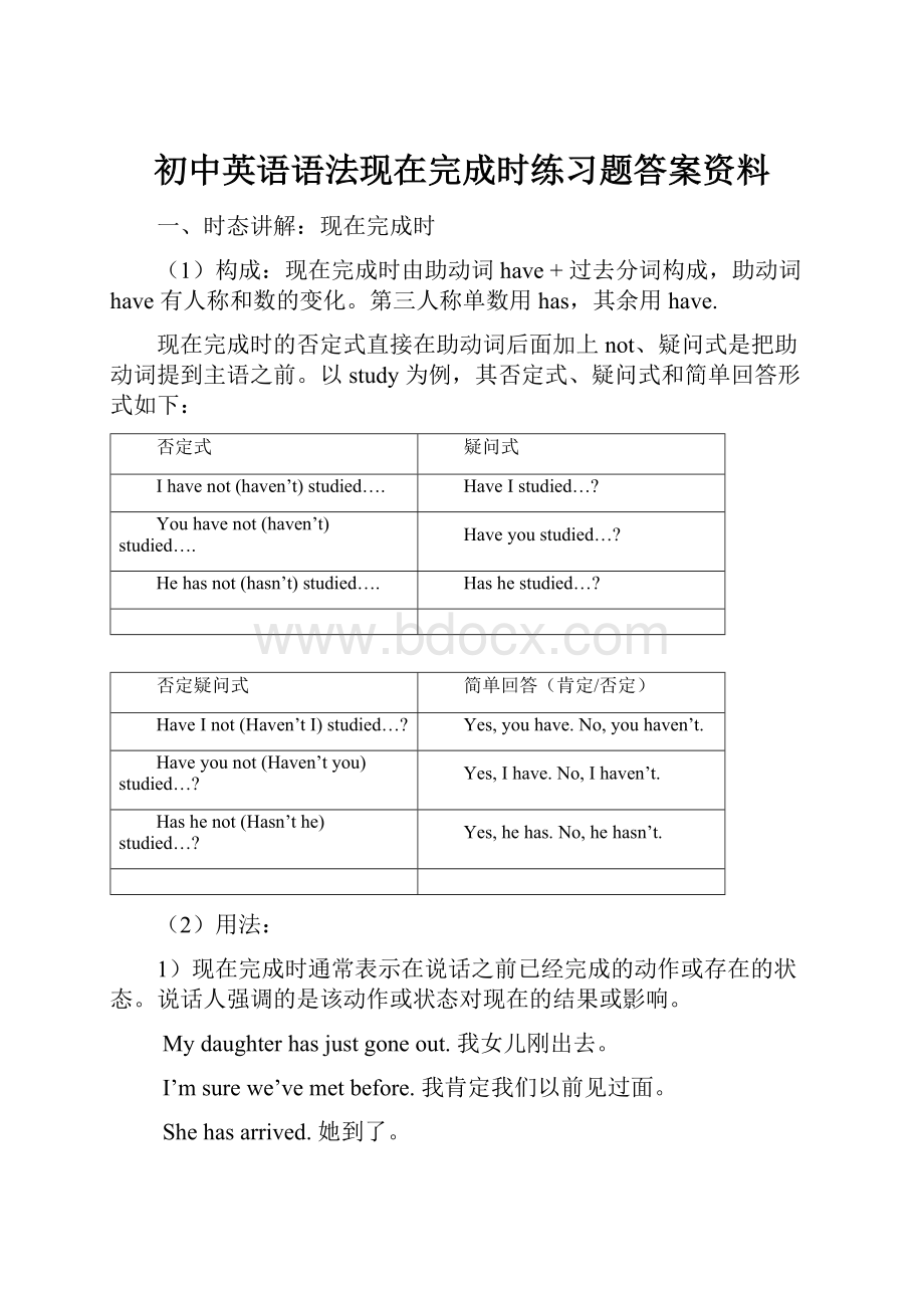 初中英语语法现在完成时练习题答案资料.docx