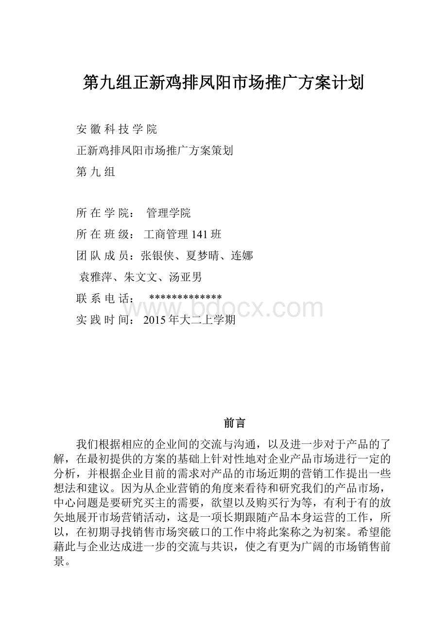 第九组正新鸡排凤阳市场推广方案计划.docx