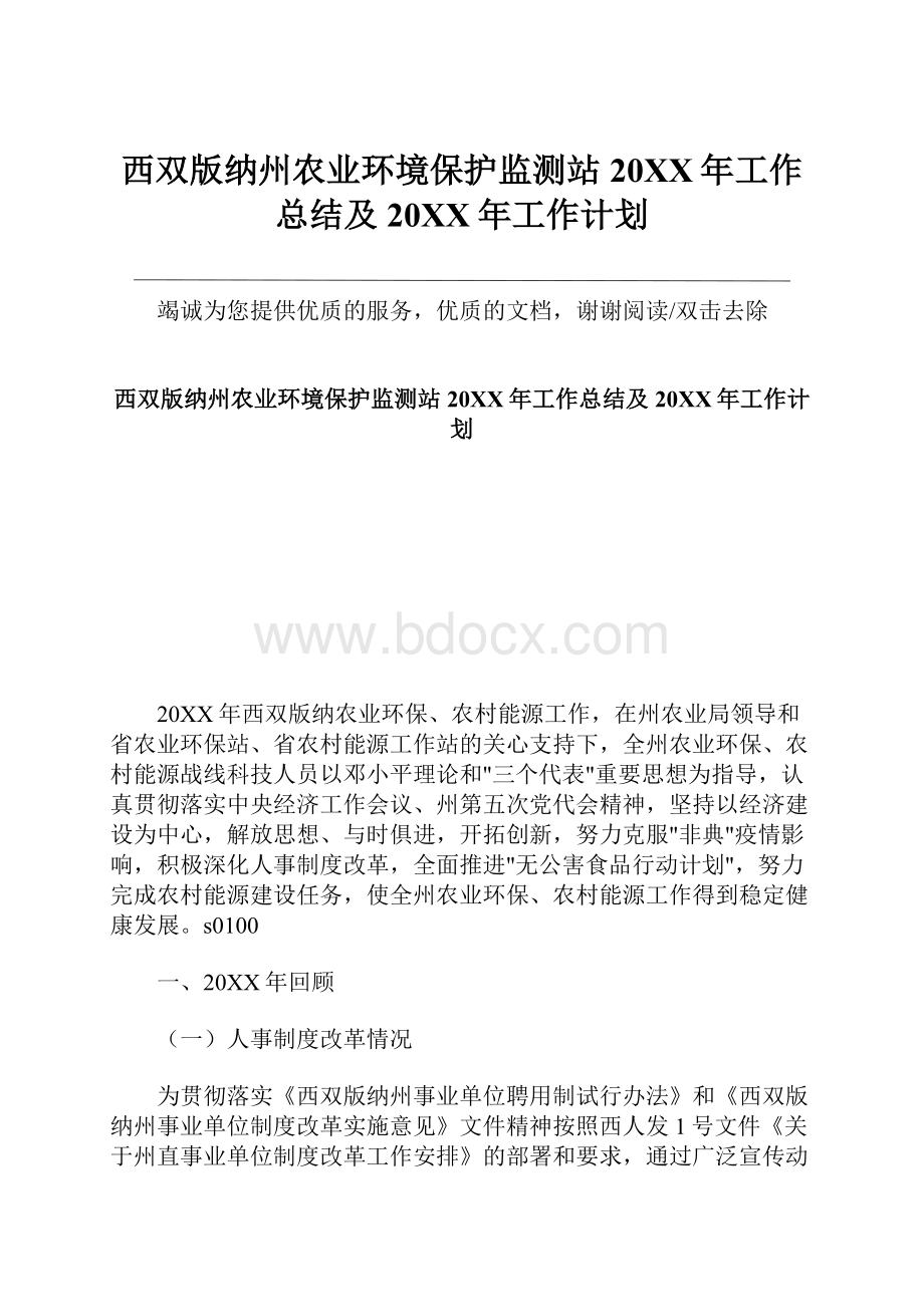 西双版纳州农业环境保护监测站20XX年工作总结及20XX年工作计划.docx