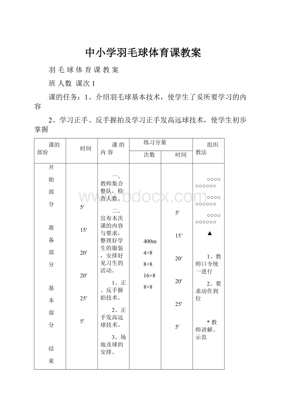 中小学羽毛球体育课教案.docx