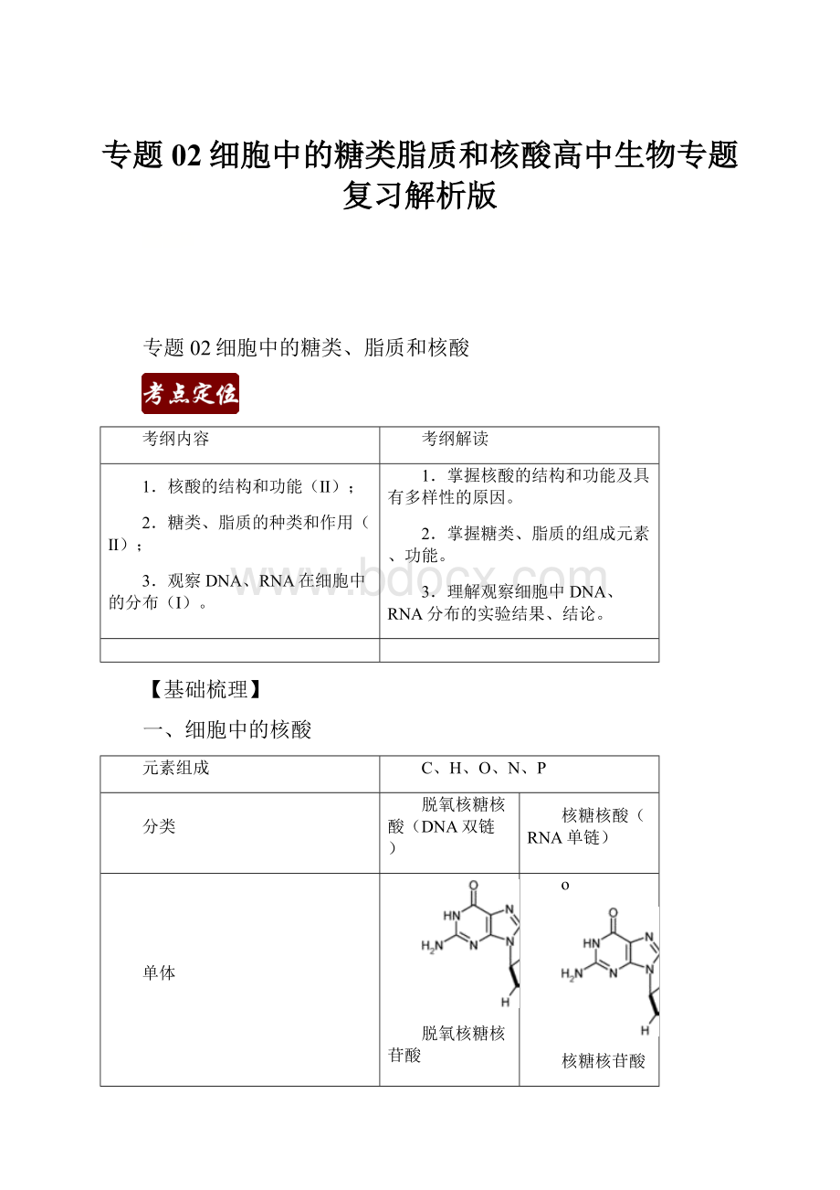 专题02细胞中的糖类脂质和核酸高中生物专题复习解析版.docx