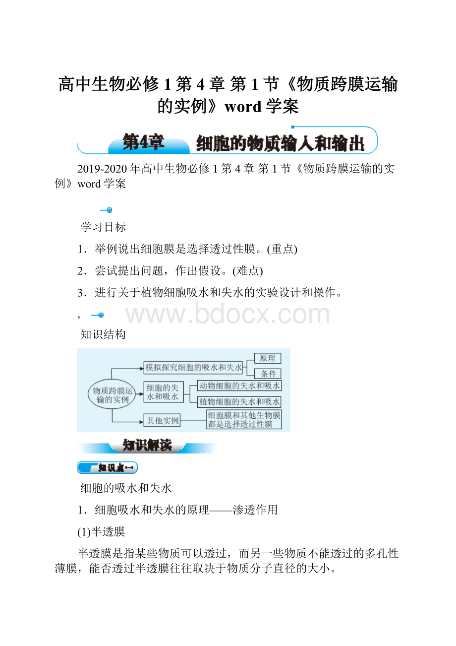 高中生物必修1第4章 第1节《物质跨膜运输的实例》word学案.docx