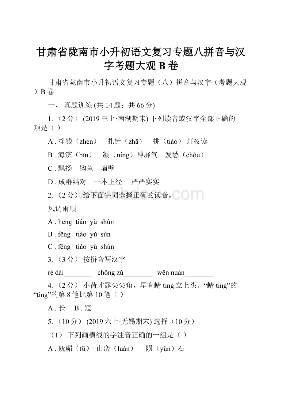 甘肃省陇南市小升初语文复习专题八拼音与汉字考题大观B卷.docx_第1页