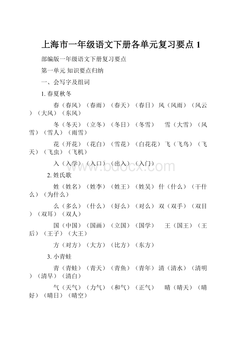 上海市一年级语文下册各单元复习要点 1.docx