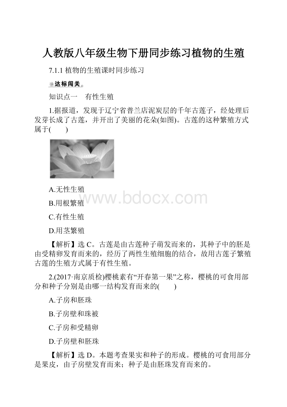 人教版八年级生物下册同步练习植物的生殖.docx_第1页