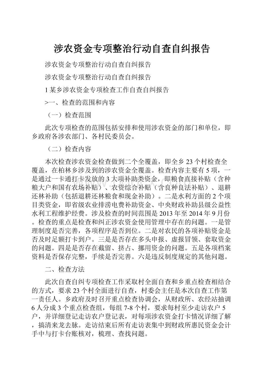 涉农资金专项整治行动自查自纠报告.docx