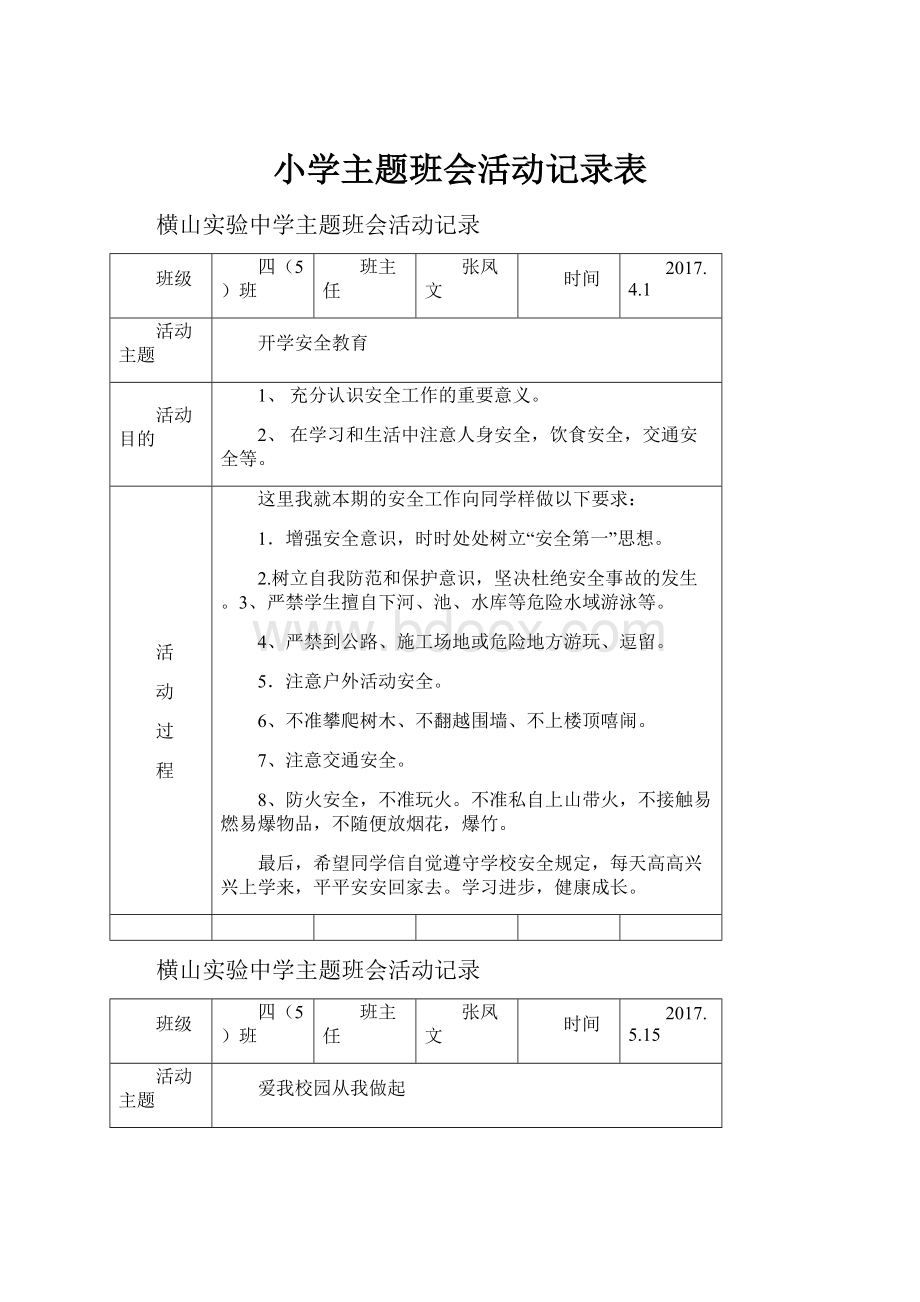 小学主题班会活动记录表.docx_第1页