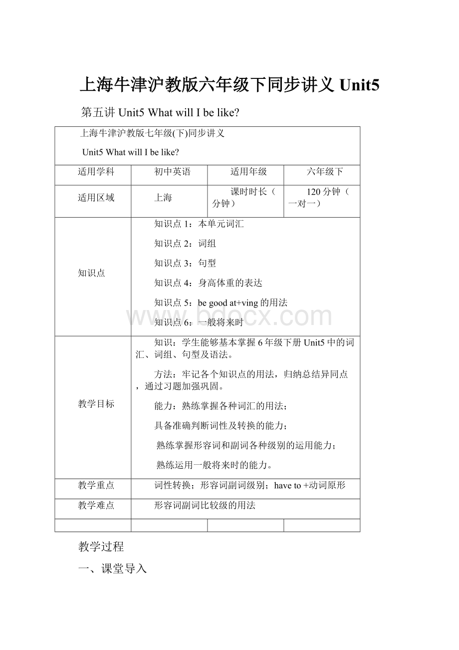 上海牛津沪教版六年级下同步讲义Unit5.docx