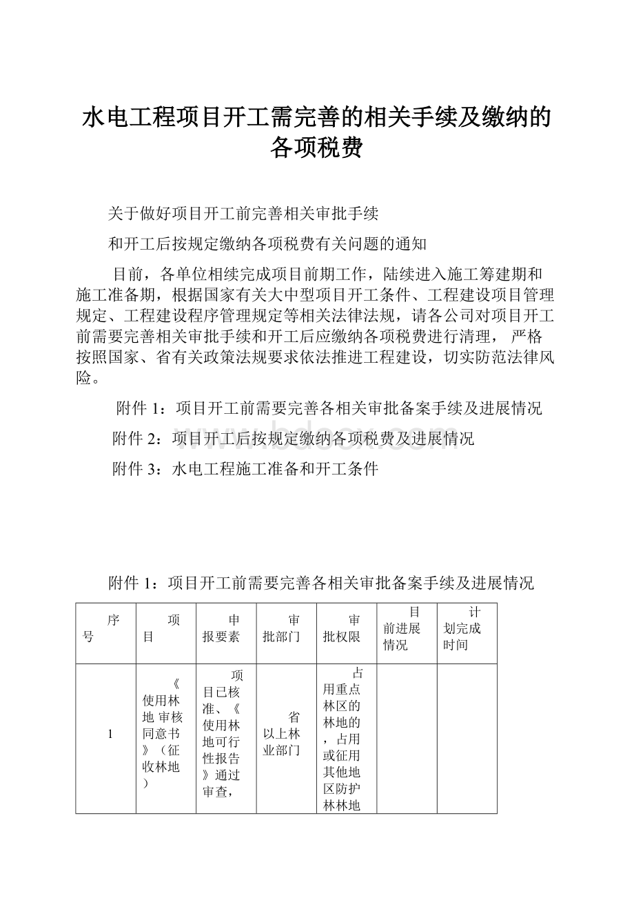 水电工程项目开工需完善的相关手续及缴纳的各项税费.docx