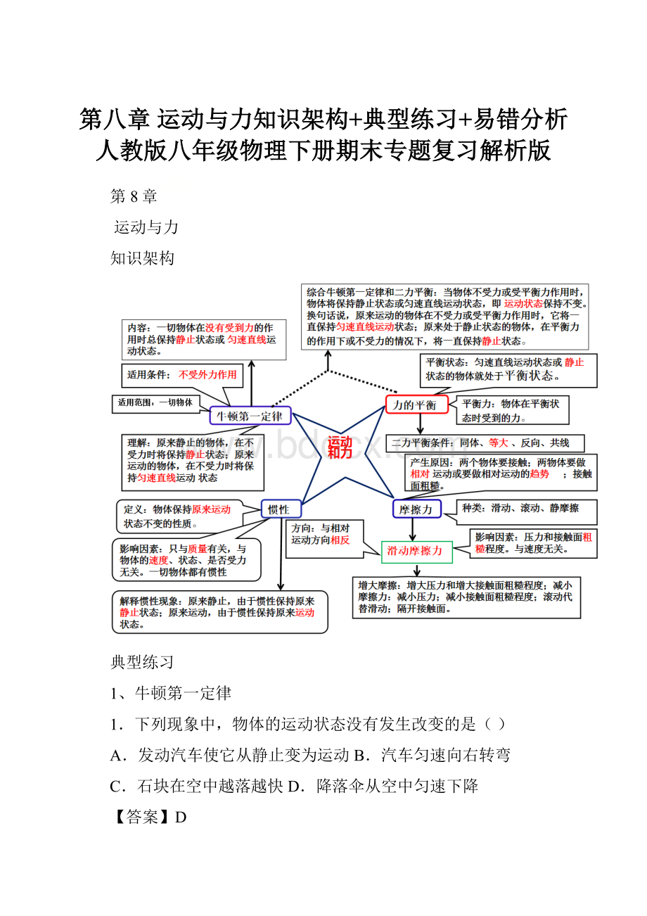 第八章 运动与力知识架构+典型练习+易错分析 人教版八年级物理下册期末专题复习解析版.docx