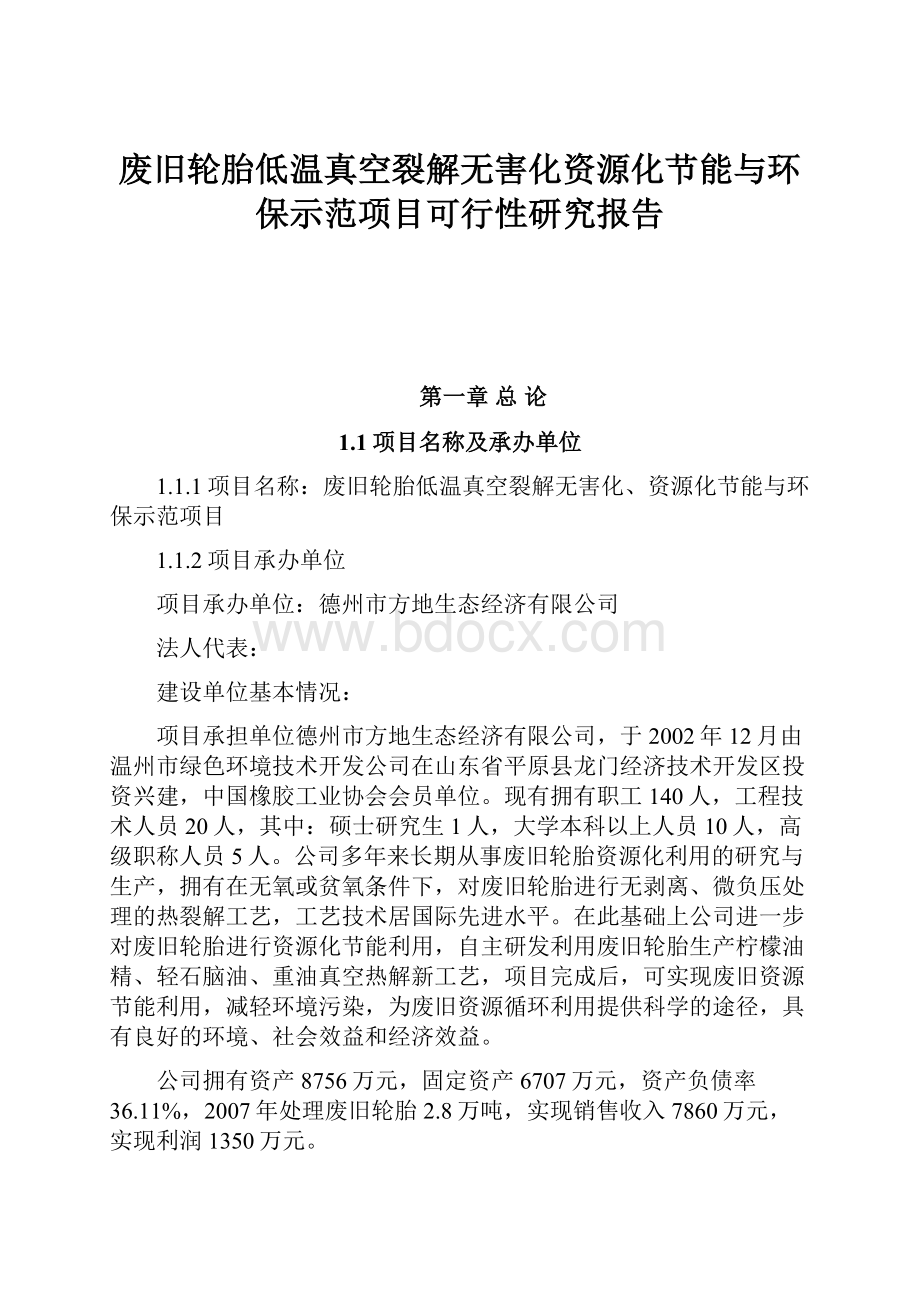 废旧轮胎低温真空裂解无害化资源化节能与环保示范项目可行性研究报告.docx