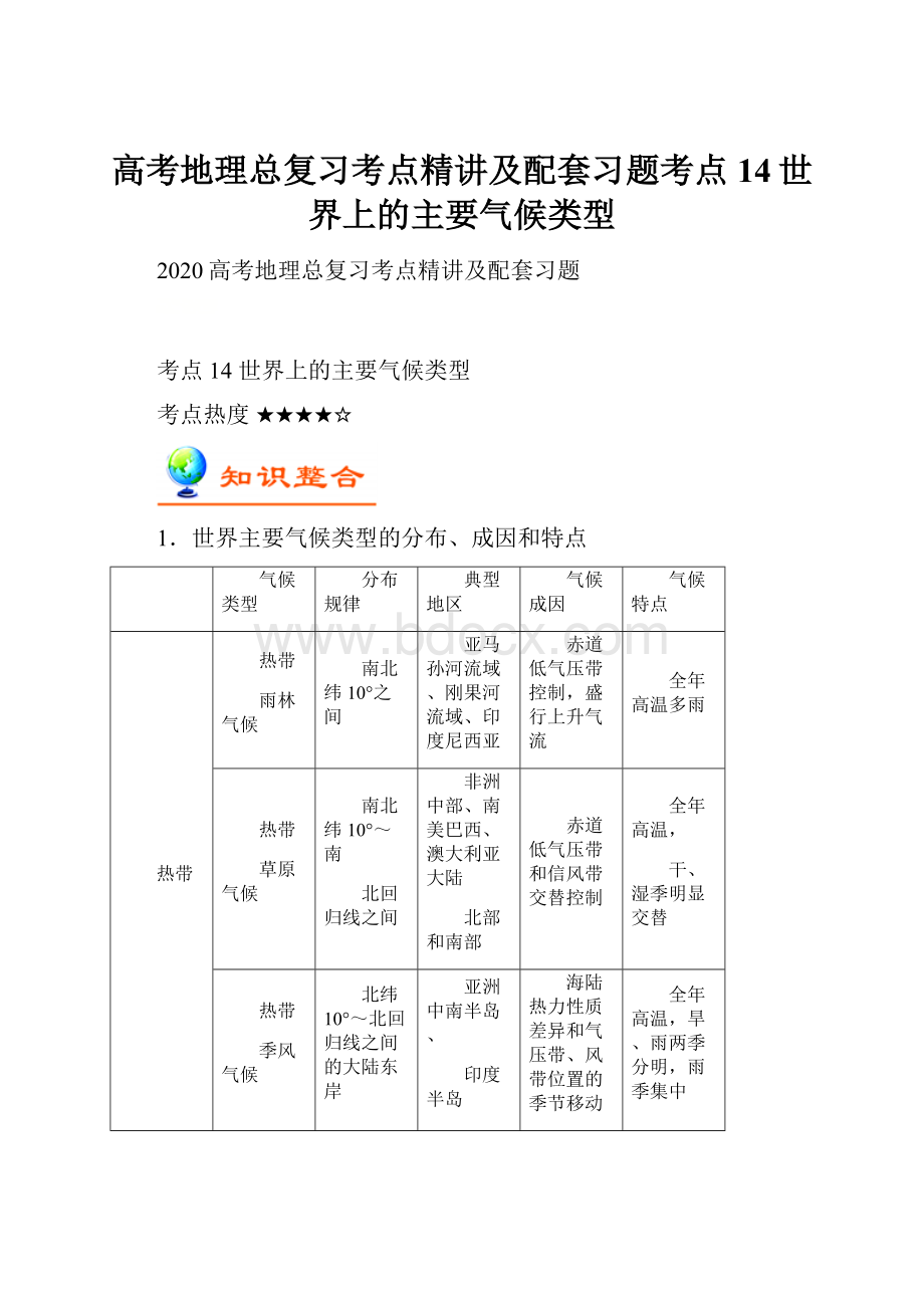 高考地理总复习考点精讲及配套习题考点14世界上的主要气候类型.docx