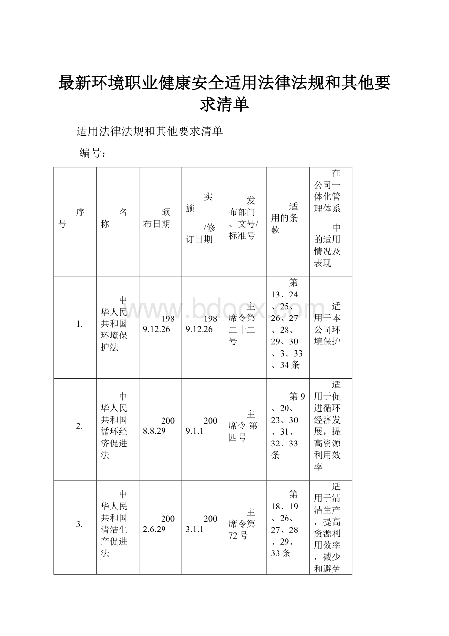 最新环境职业健康安全适用法律法规和其他要求清单.docx