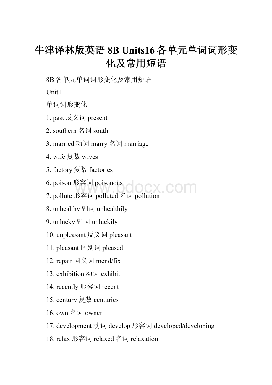 牛津译林版英语8B Units16各单元单词词形变化及常用短语.docx